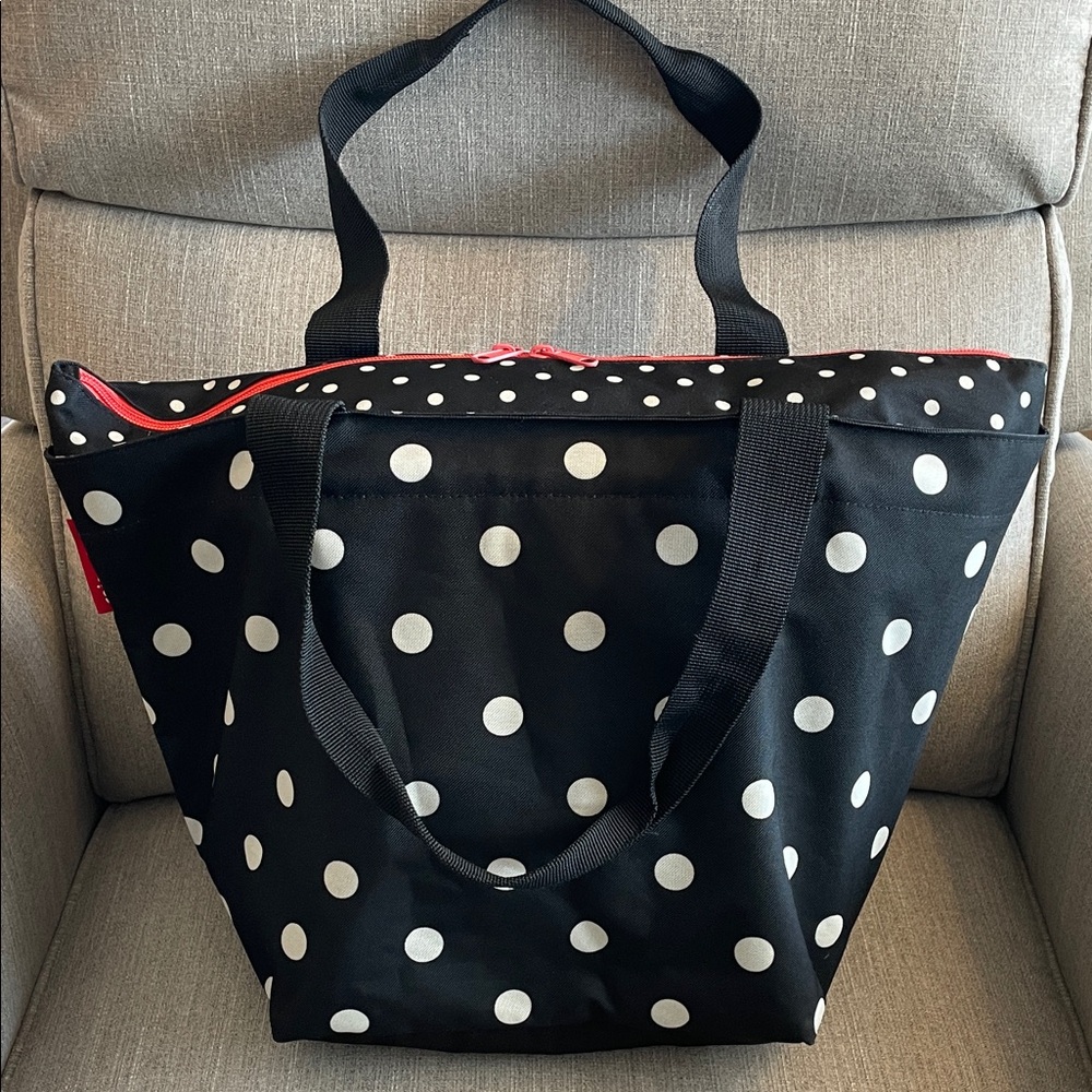 Reisenthel Classic Tote - Polka Dot Black & White Tote Bag w/ red zipper & trim